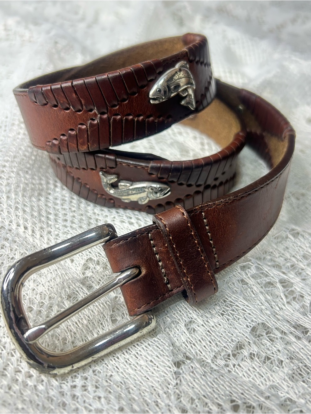Brighton men's brown leather belt with silver fish accents